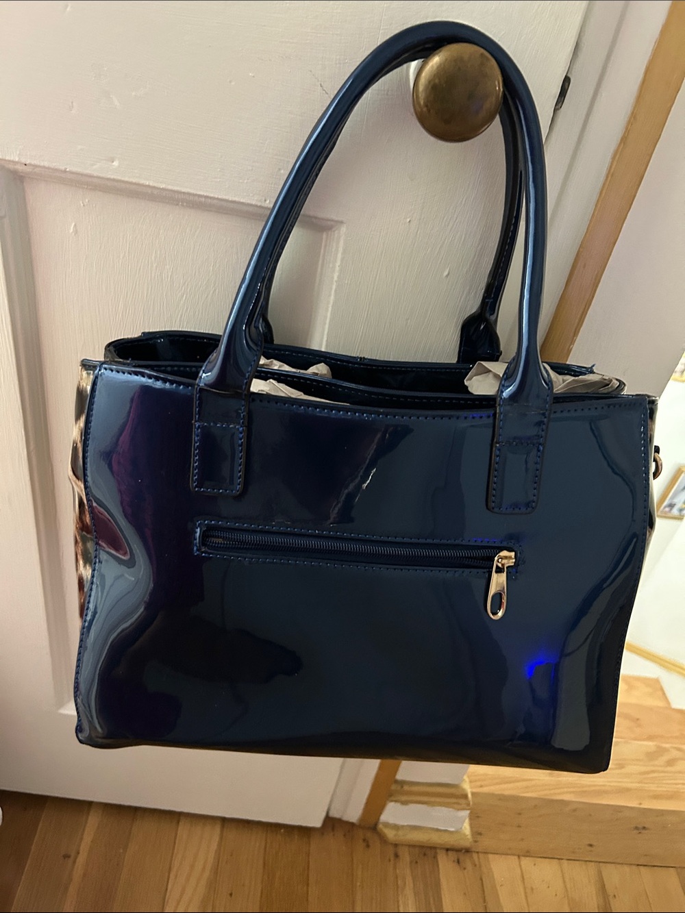 Patent Leather Navy Tote Handbag - Women's Shoulder Bag